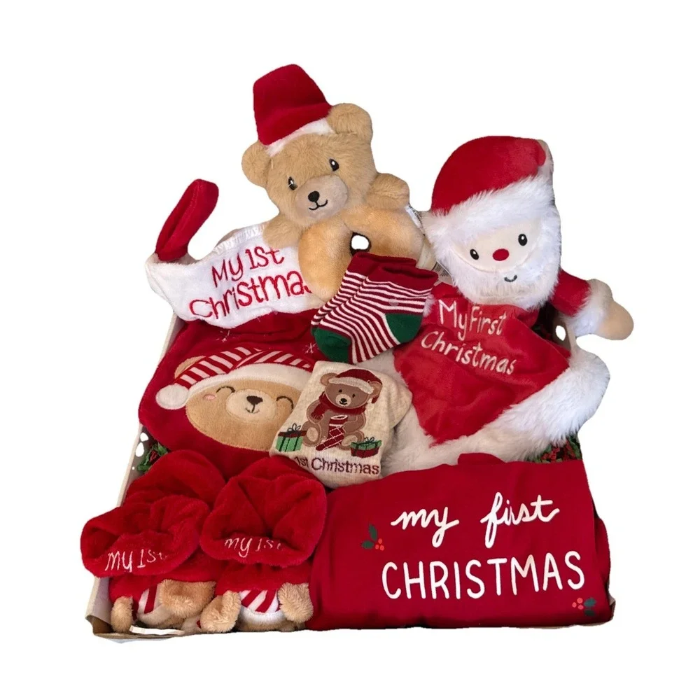 Baby's 1st Christmas Gift Basket Stocking Outfit Booties Bib Socks Lovey Rattle